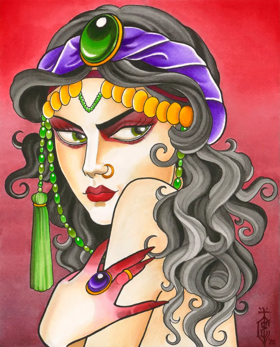 A colorful illustration of a woman with long, curly gray hair, wearing a purple headscarf, green jewelry, and red lipstick, set against a red background