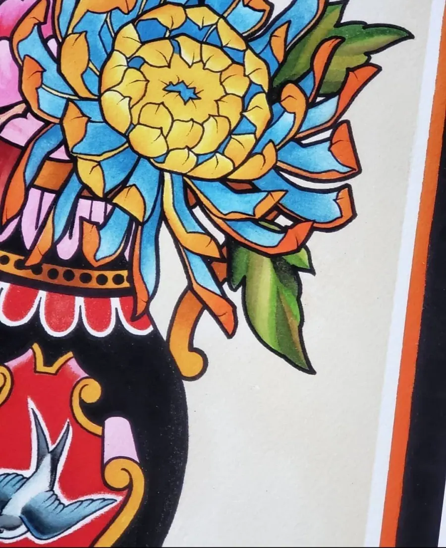 Colorful mural featuring a large yellow and blue flower with green leaves and a decorative black and red background