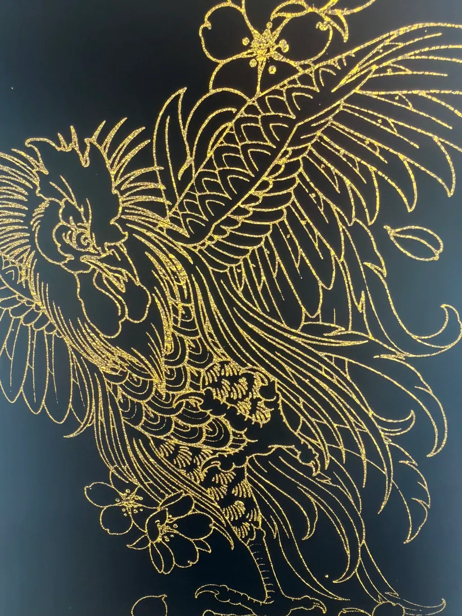 Gold line drawing of a rooster with cherry blossoms on black by English Cousins