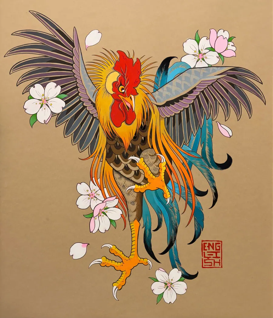 Painting of a rooster with cherry blossoms in a Japanese style by English Cousins