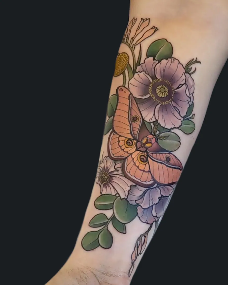 Illustrative colorful moth tattoo with poppies, eucalyptus, and florals by English Cousins, Nashville