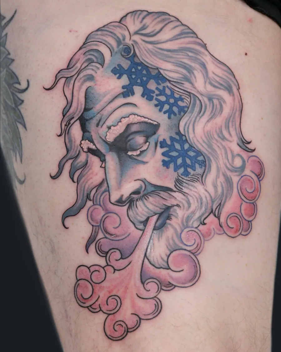 Tattoo of a bearded man with long hair and blue snowflakes on his face, blowing pink swirling wind, by English Cousins, Nashville