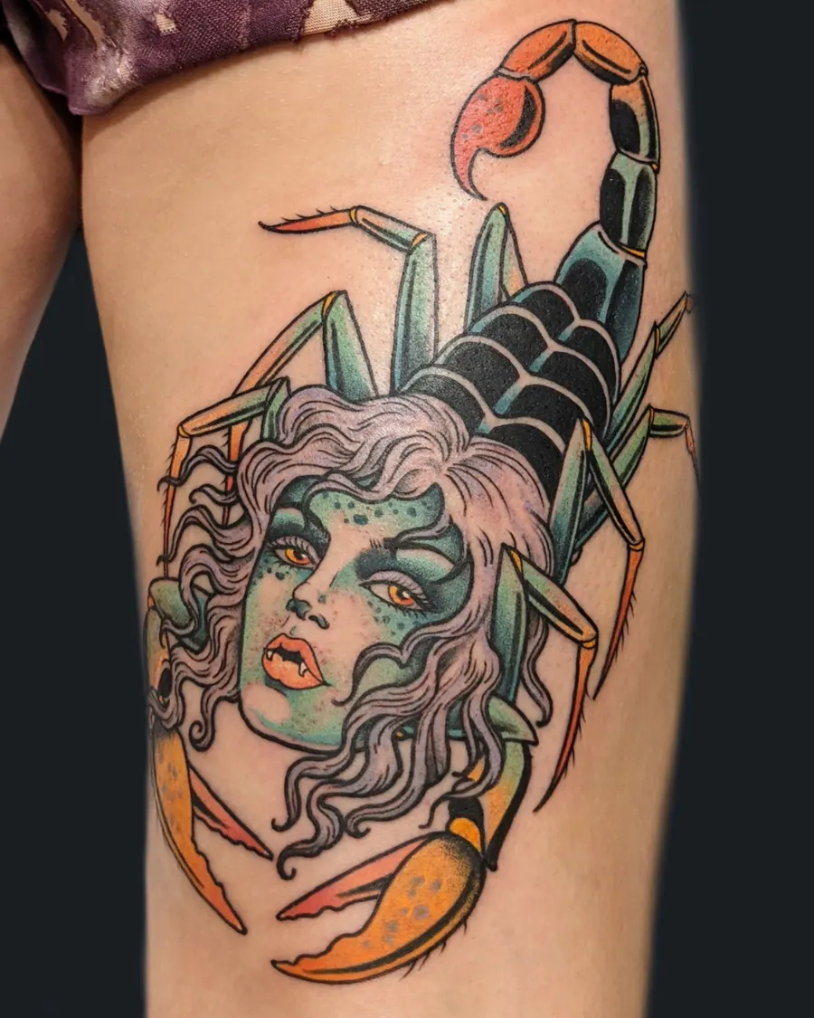 Neo-traditional scorpion lady tattoo by English Cousins, Nashville