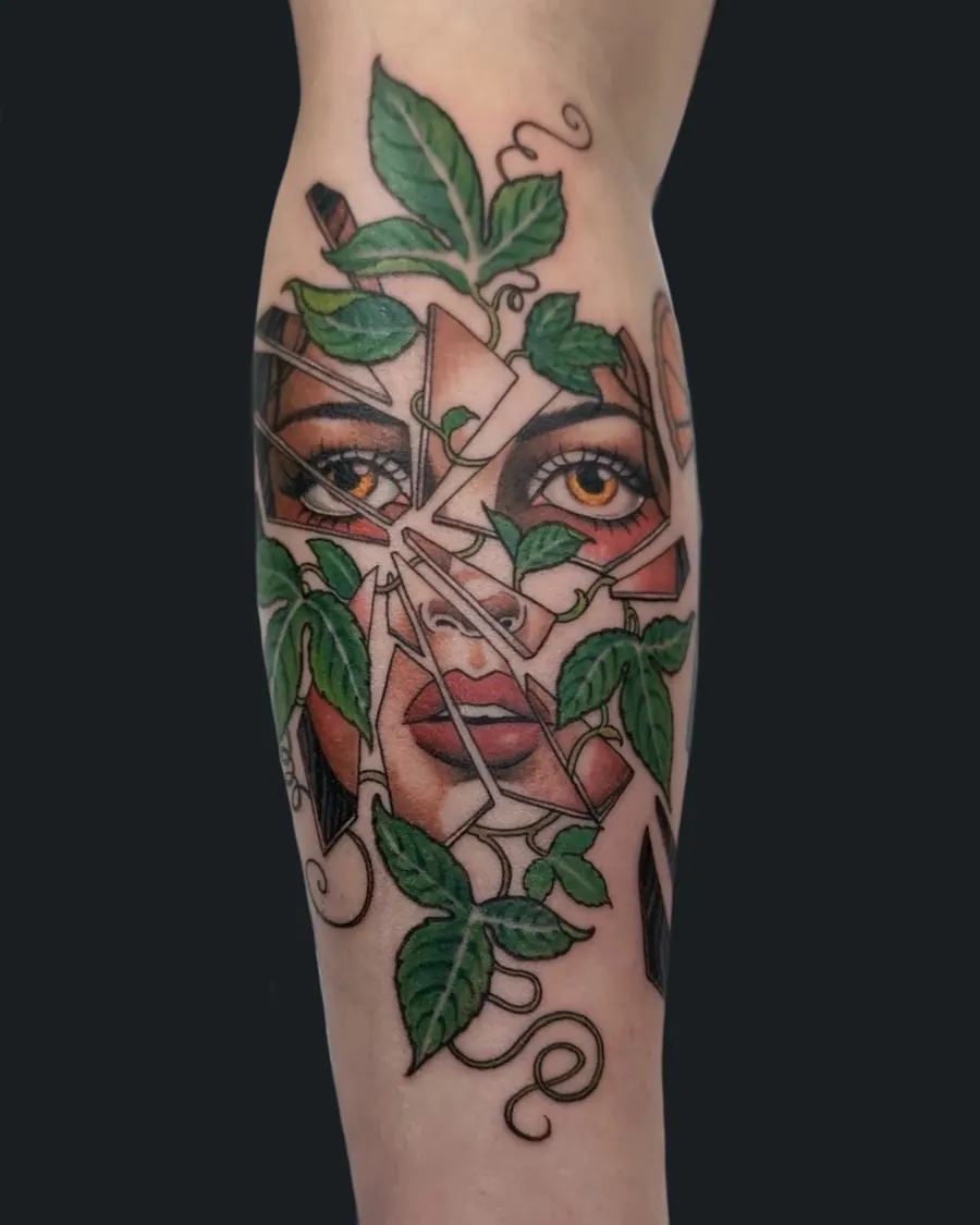 Neotraditional lady head reflected in a shattered mirror with leaves and vines by English Cousins, Nashville